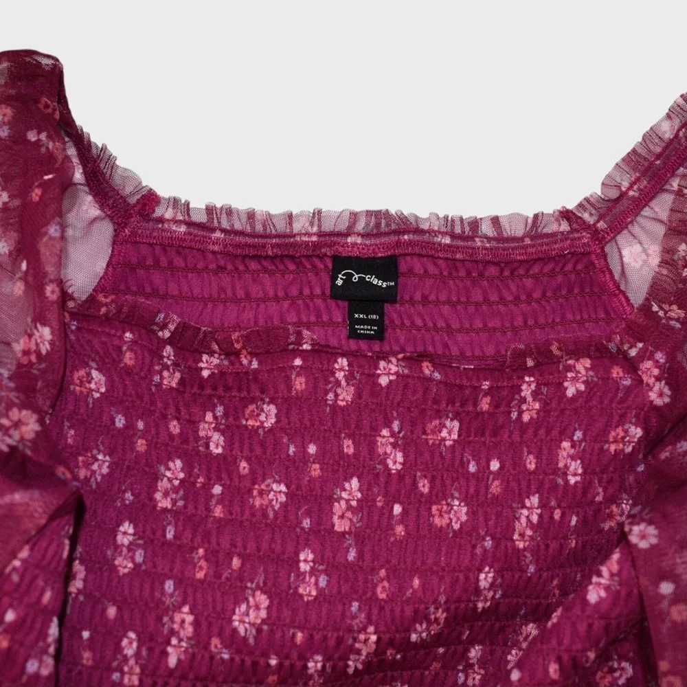 Art Class Smocked Floral Mesh‎ Dress Sheer Long Sleeve Square Neck